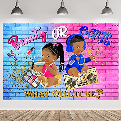 Gender Reveal Backdrop Baby Shower Decorations Beauty or Beats Boy or Girl He or She Gender Reveal Party Supplies Hip Hop 90s Graffiti Fresh Prince Princess Gender Reveal Decorations