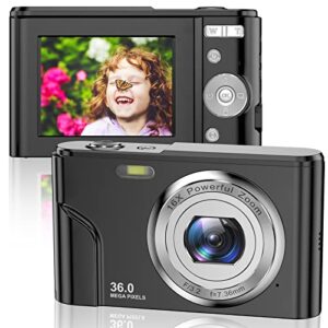 digital camera for kids – 36mp kids camera 1080p fhd kid camera with 16x digital zoom, lcd screen rechargeable compact camera vlogging camera for kids teens girls boys (black)