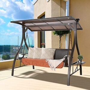 Ulax Furniture 3-Seat Outdoor Patio Swing Chair, Porch Swing Glider Chair with Convertible Canopy, Solar LED Light and Sunbrella Pillows for Poolside, Garden, Balcony, Backyard