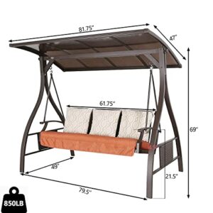 Ulax Furniture 3-Seat Outdoor Patio Swing Chair, Porch Swing Glider Chair with Convertible Canopy, Solar LED Light and Sunbrella Pillows for Poolside, Garden, Balcony, Backyard