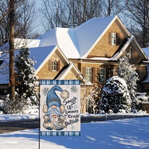 Covido Home Decorative Snuggle Up Gnomies It's Cold Outside Winter Garden Flag, Blue Gnome Yard Outside Decorations, Snowflakes Farmhouse Outdoor Small Decor Double Sided 12x18