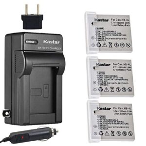 kastar battery (3-pack) and charger kit for canon nb-4l, cb-2lv work with canon powershot sd40, sd30, sd200, sd300, sd400, sd430, sd450, sd600, sd630, sd750, sd780 is, sd940 is, sd960 is, sd1000, sd1100 is, sd1100 is, sd1400 is, tx1, elph 100 hs, elph 300