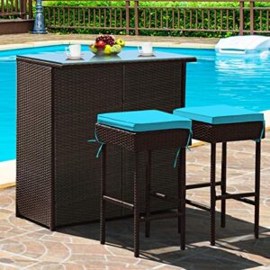 tangkula patio bar set, 3 piece outdoor rattan wicker bar set with 2 cushions stools & glass top table, outdoor furniture set for patios backyards porches gardens poolside (turquoise)