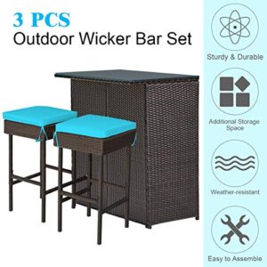 Tangkula Patio Bar Set, 3 Piece Outdoor Rattan Wicker Bar Set with 2 Cushions Stools & Glass Top Table, Outdoor Furniture Set for Patios Backyards Porches Gardens Poolside (Turquoise)