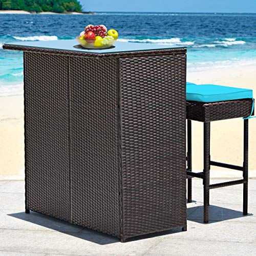 Tangkula Patio Bar Set, 3 Piece Outdoor Rattan Wicker Bar Set with 2 Cushions Stools & Glass Top Table, Outdoor Furniture Set for Patios Backyards Porches Gardens Poolside (Turquoise)