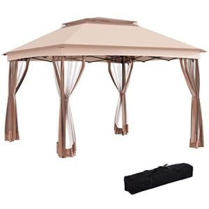 outsunny 11′ x 11′ pop up gazebo outdoor canopy shelter with 2-tier soft top, and removable zipper netting, event tent with large shade, and storage bag for patio, backyard, garden, khaki
