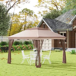 Outsunny 11' x 11' Pop Up Gazebo Outdoor Canopy Shelter with 2-Tier Soft Top, and Removable Zipper Netting, Event Tent with Large Shade, and Storage Bag for Patio, Backyard, Garden, Khaki