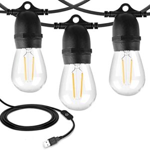 langplus+ 24.6ft usb powered outdoor string lights with 10 pcs waterproof & shatterproof s14 led bulbs, lightweight dimmable garden festoon string lights for camping bbq christmas party