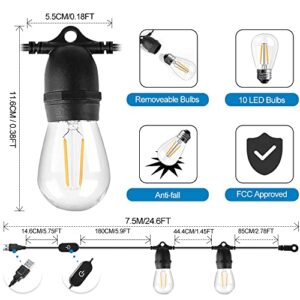 LangPlus+ 24.6Ft USB Powered Outdoor String Lights with 10 pcs Waterproof & Shatterproof S14 LED Bulbs, Lightweight Dimmable Garden Festoon String Lights for Camping BBQ Christmas Party