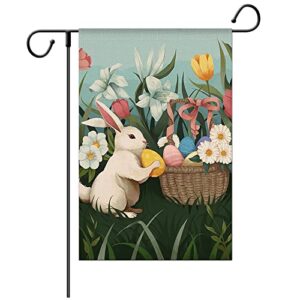 wodison easter garden flag, colorful eggs flower bunny double sided printing, decoration banner for yard house outdoors home, 12×18 inch burlap (only flag)