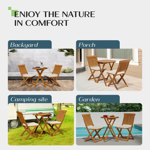 IDZO Heavy Duty 400lbs Capacity Acacia Wood 3 Piece Outdoor, Folding Bistro Set w/Cushion, Round Table, Teak Finish