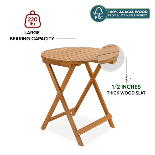 IDZO Heavy Duty 400lbs Capacity Acacia Wood 3 Piece Outdoor, Folding Bistro Set w/Cushion, Round Table, Teak Finish