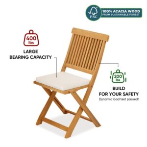 IDZO Heavy Duty 400lbs Capacity Acacia Wood 3 Piece Outdoor, Folding Bistro Set w/Cushion, Round Table, Teak Finish