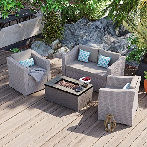 SUNBURY Outdoor 4-Piece Patio Furniture w Propane Fire Pit, Pearl Gray Rattan Conversation Set, 4 Blue Pillows w 32-inch Rectangle Wicker 40,000 BTU Fire Table w Glass Guard Fits 20 gal Tank Outside