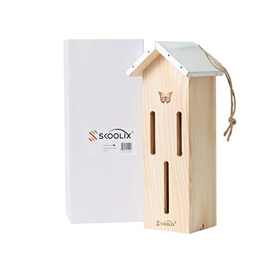 Wooden Butterfly House for Gardens. Provides a Safe Haven for Butterflies to Rest, Protect from Predators and Harsh Weather Conditions. Attractive Garden décor, Includes Bonus Rope Hanger.