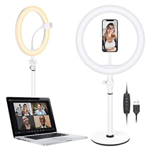 neewer selfie ring light for laptop computer, 10″ dimmable desktop led circle light with stand/phone holder/3 light modes for video conference/webcam chat/makeup/live stream/selfie (white)
