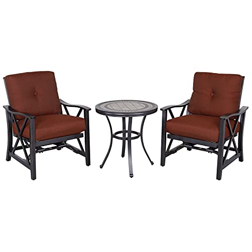 3 Piece Patio Furniture Set Outdoor Conversation Bistro Set with Handmade Contemporary Round Table and 2 Rocking Chairs with Thick Seat Cushions for Porch Garden Balcony Backyard