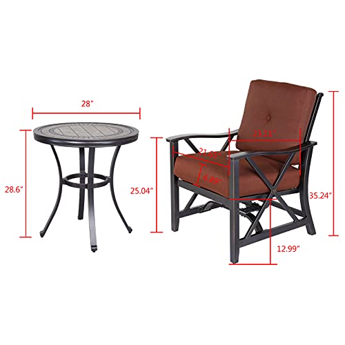 3 Piece Patio Furniture Set Outdoor Conversation Bistro Set with Handmade Contemporary Round Table and 2 Rocking Chairs with Thick Seat Cushions for Porch Garden Balcony Backyard