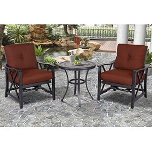 3 Piece Patio Furniture Set Outdoor Conversation Bistro Set with Handmade Contemporary Round Table and 2 Rocking Chairs with Thick Seat Cushions for Porch Garden Balcony Backyard