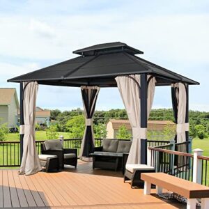 eagle peak 10×12 outdoor steel frame hardtop gazebo pavilion with double roof for garden, patio, lawn and party, mosquito mesh netting and light beige privacy curtains included, black
