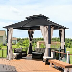 EAGLE PEAK 10x12 Outdoor Steel Frame Hardtop Gazebo Pavilion with Double Roof for Garden, Patio, Lawn and Party, Mosquito Mesh Netting and Light Beige Privacy Curtains Included, Black