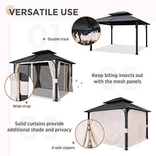 EAGLE PEAK 10x12 Outdoor Steel Frame Hardtop Gazebo Pavilion with Double Roof for Garden, Patio, Lawn and Party, Mosquito Mesh Netting and Light Beige Privacy Curtains Included, Black