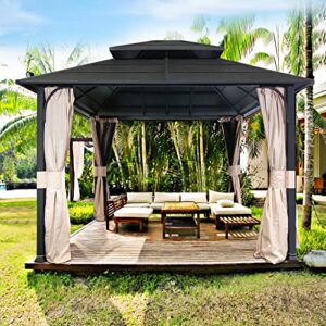 EAGLE PEAK 10x12 Outdoor Steel Frame Hardtop Gazebo Pavilion with Double Roof for Garden, Patio, Lawn and Party, Mosquito Mesh Netting and Light Beige Privacy Curtains Included, Black