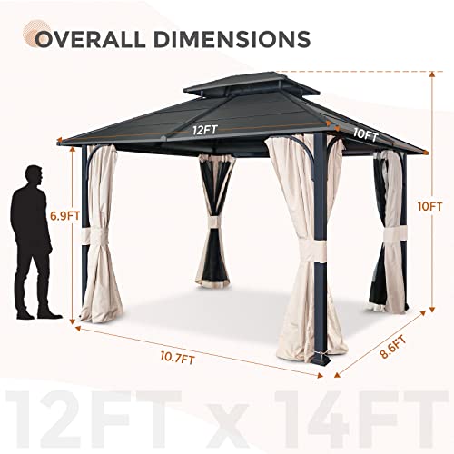 EAGLE PEAK 10x12 Outdoor Steel Frame Hardtop Gazebo Pavilion with Double Roof for Garden, Patio, Lawn and Party, Mosquito Mesh Netting and Light Beige Privacy Curtains Included, Black