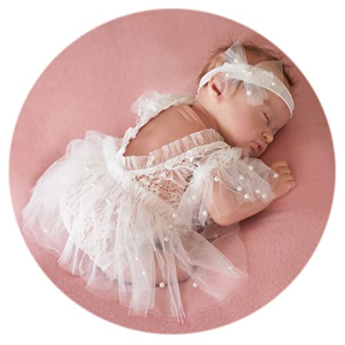 Zeroest Newborn Photography Outfits Girl Lace Romper Newborn Photography Props Rompers Baby Girls Skirt Photoshoot 3PCS (White-Short Sleeve)