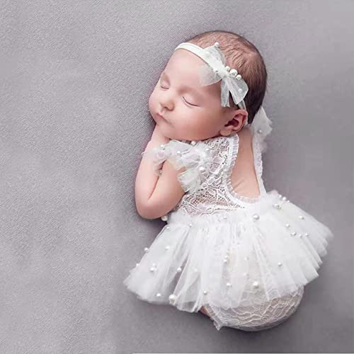 Zeroest Newborn Photography Outfits Girl Lace Romper Newborn Photography Props Rompers Baby Girls Skirt Photoshoot 3PCS (White-Short Sleeve)