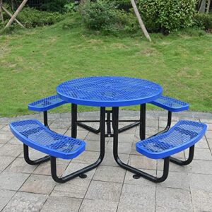 honoor expanded metal picnic table for outdoors lifetime picnic table with umbrella hole,heavy duty sturdy commercial picnic tables for garden courtyard bbq, round 46 inch blue (asw333)