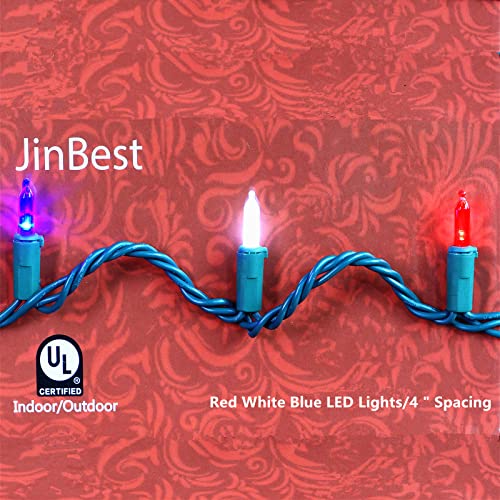 JinBest 150 LED Red White and Blue String Lights, UL Certified and Commercial Decorations Series Green Wire 50 Ft, for Indoor and Outdoor Party, 4th of July, Patriots Day, Garden