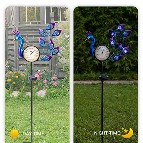 MUMTOP Outdoor Thermometers for Patio - Solar Peacock Outdoor Thermometer with Garden Stake for Home and Garden Decor