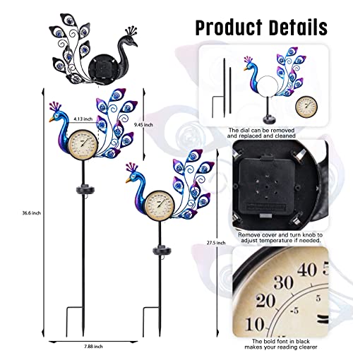 MUMTOP Outdoor Thermometers for Patio - Solar Peacock Outdoor Thermometer with Garden Stake for Home and Garden Decor