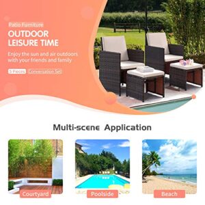 Homall 5 Pieces Patio Conversation Sofa Set Outdoor Wicker Sectional Furniture Sets with Patio Umbrella, Rattan Chair with Ottoman, Storage Table for Backyard, Garden, Porch (Beige)