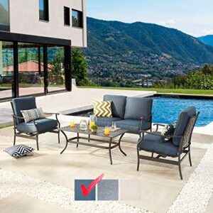 festival depot 4pc 4 seats patio conversation outdoor armchairs loveseat set with coffee table fabric metal frame furniture garden bistro seating thick soft cushions (blue)