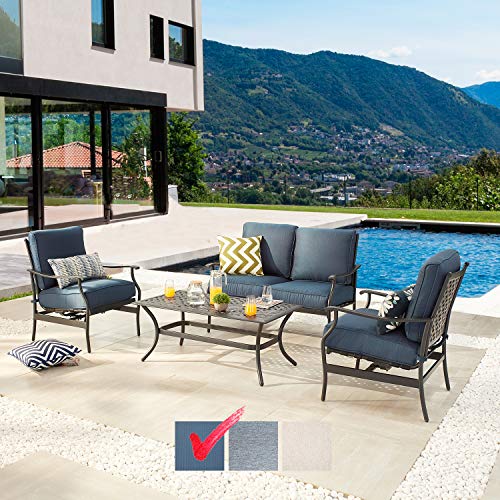 Festival Depot 4pc 4 Seats Patio Conversation Outdoor ArmChairs Loveseat Set with Coffee Table Fabric Metal Frame Furniture Garden Bistro Seating Thick Soft Cushions (Blue)