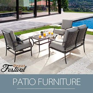 Festival Depot 4pc 4 Seats Patio Conversation Outdoor ArmChairs Loveseat Set with Coffee Table Fabric Metal Frame Furniture Garden Bistro Seating Thick Soft Cushions (Blue)