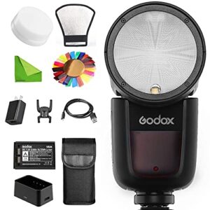 godox v1-n flash for nikon flash speedlite speedlight, 76ws 2.4g ttl round head, 1/8000 hss, 480 full power shots, 1.5s recycle time, 2600mah lithium battery w/diffuser reflector color filters