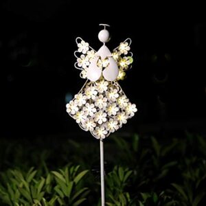 WSgift Solar White Angel Garden Stake Lights Metal Hydrangea Angel Stake Memorial Gift w/ 27 Solar LEDs Solar Angel Lights Perfect as Angel Remembrance Gifts & Sympathy Gifts (7.7" W x 40.5" H)