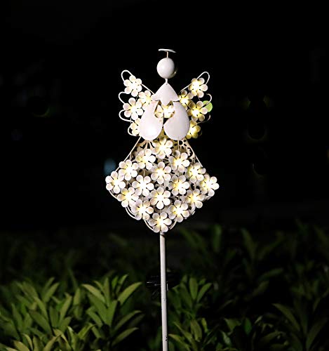 WSgift Solar White Angel Garden Stake Lights Metal Hydrangea Angel Stake Memorial Gift w/ 27 Solar LEDs Solar Angel Lights Perfect as Angel Remembrance Gifts & Sympathy Gifts (7.7" W x 40.5" H)