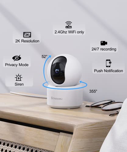 GALAYOU Indoor Security Camera 2K, Pet Camera, 360 Degree WiFi Home Security Camera for Baby/Dog/Elder/Nanny with Night Vision, Siren, 24/7 SD Card Storage, Works with Alexa and Google Assistant