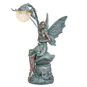 teresa’s collections garden statues fairy sculptures & statues, solar garden figurines outdoors decor, patina bronze garden art for yard decor 13.8 inch