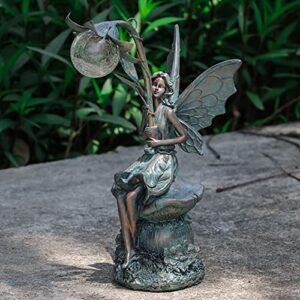 TERESA'S COLLECTIONS Garden Statues Fairy Sculptures & Statues, Solar Garden Figurines Outdoors Decor, Patina Bronze Garden Art for Yard Decor 13.8 Inch