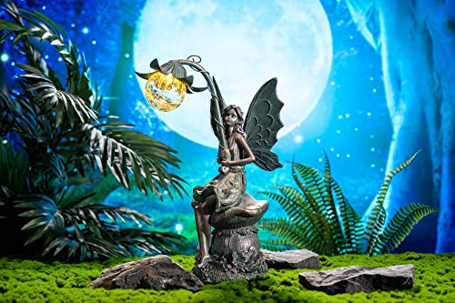 TERESA'S COLLECTIONS Garden Statues Fairy Sculptures & Statues, Solar Garden Figurines Outdoors Decor, Patina Bronze Garden Art for Yard Decor 13.8 Inch