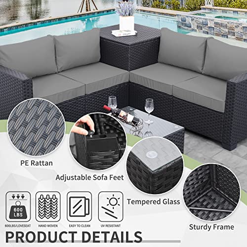 Outdoor PE Wicker Patio Furniture Set 4 Piece Black Rattan Sectional Loveseat Couch Set Conversation Sofa with Storage Box Glass Top Table and Non-Slip Grey Cushion
