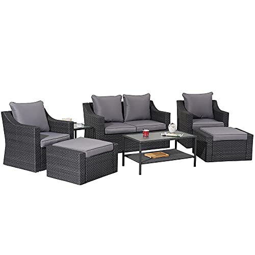 May in Color 7 Pieces Outdoor Patio Furniture Set, Wicker Conversation Set with Ottomans Cushions, Sectional Lounge Chair Sofa with Coffee Table, for Porch Deck Poolside Garden Balcony Backyard, Grey