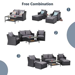 May in Color 7 Pieces Outdoor Patio Furniture Set, Wicker Conversation Set with Ottomans Cushions, Sectional Lounge Chair Sofa with Coffee Table, for Porch Deck Poolside Garden Balcony Backyard, Grey