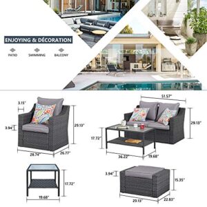 May in Color 7 Pieces Outdoor Patio Furniture Set, Wicker Conversation Set with Ottomans Cushions, Sectional Lounge Chair Sofa with Coffee Table, for Porch Deck Poolside Garden Balcony Backyard, Grey