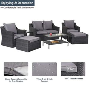 May in Color 7 Pieces Outdoor Patio Furniture Set, Wicker Conversation Set with Ottomans Cushions, Sectional Lounge Chair Sofa with Coffee Table, for Porch Deck Poolside Garden Balcony Backyard, Grey